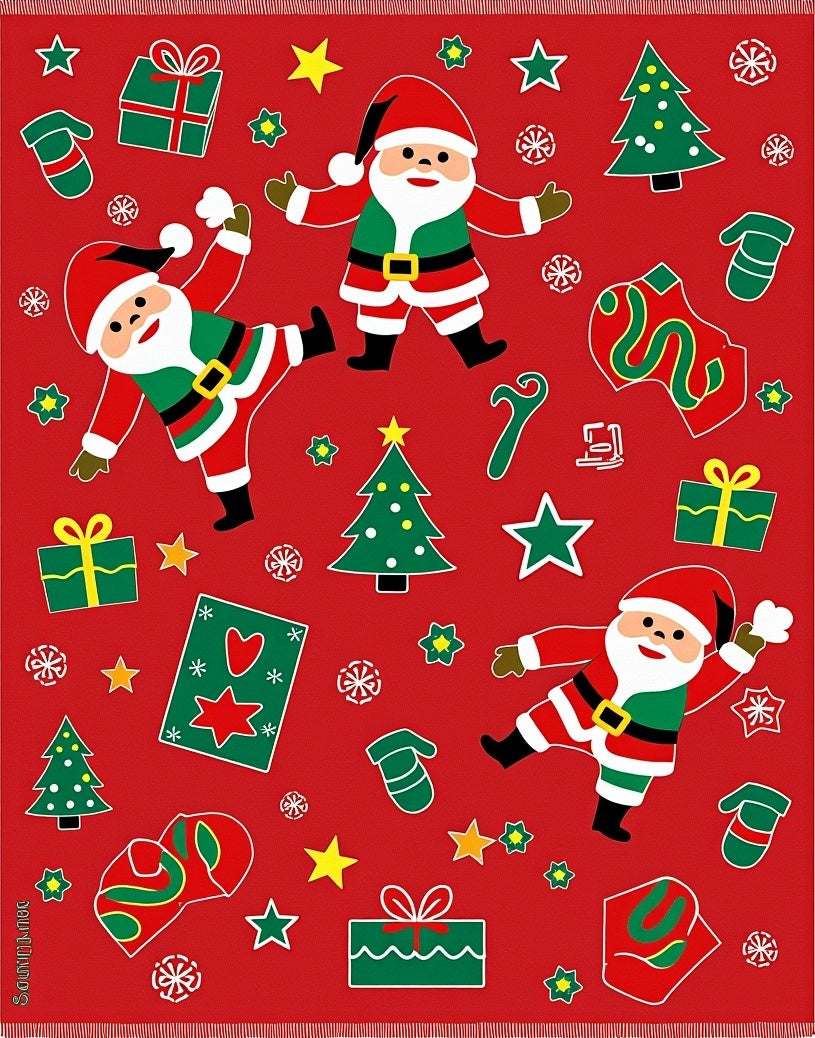 Jolly Red Christmas Santa Mittens Trees Rug