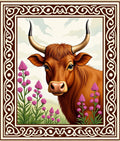 Brown Bull Pink Flower Meadow Rug
