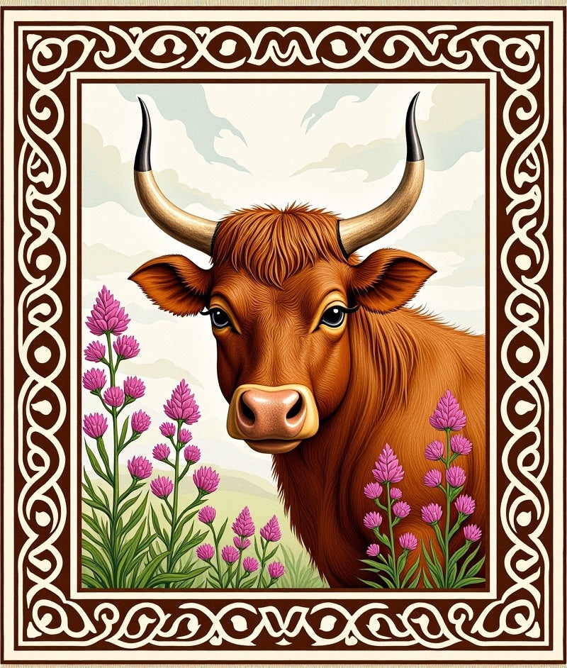 Brown Bull Pink Flower Meadow Rug