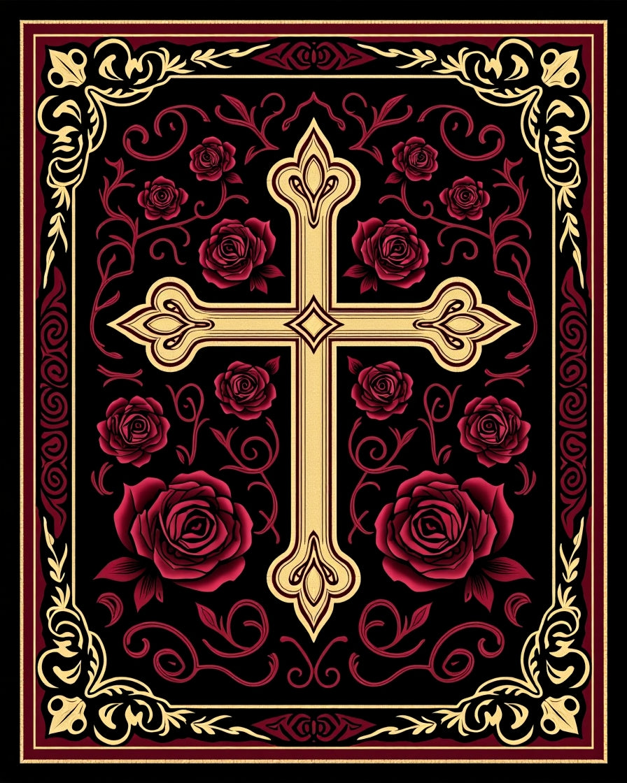Crimson Rose Cross Ornate Border Rug