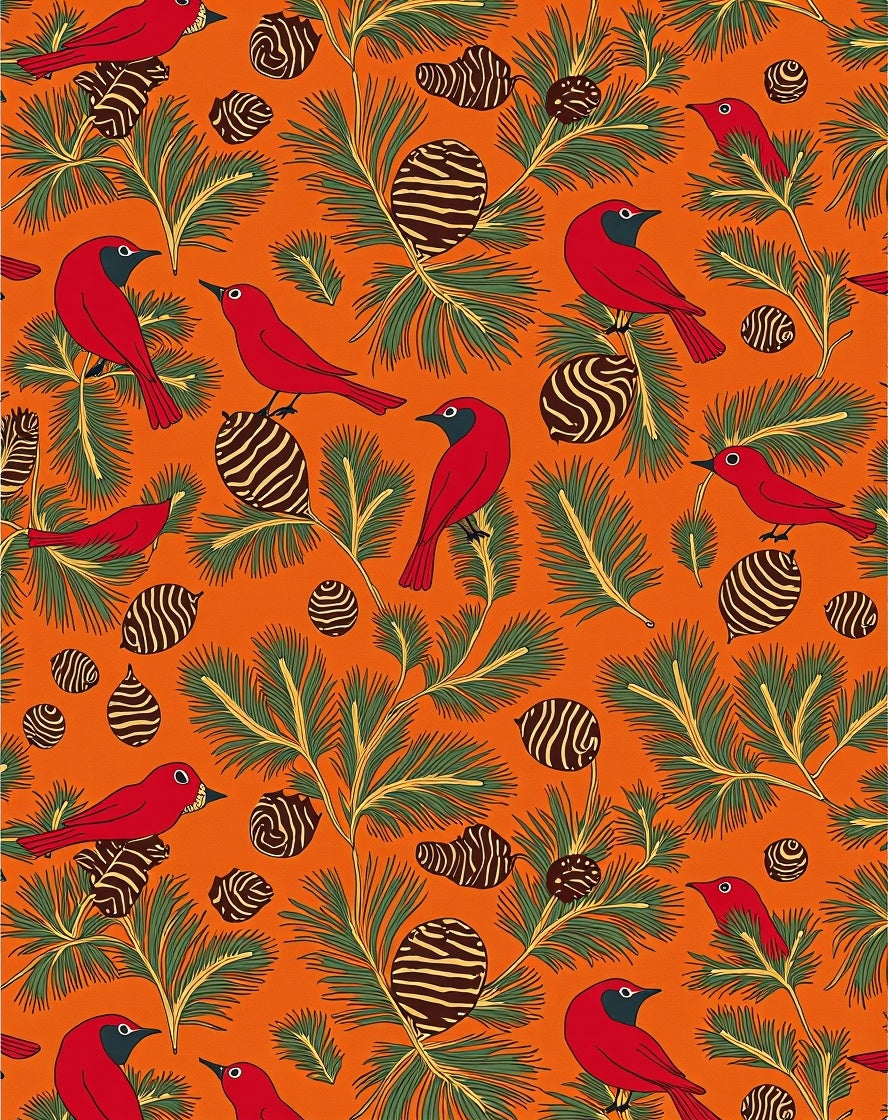 Red Birds Pine Cones Christmas Orange Rug