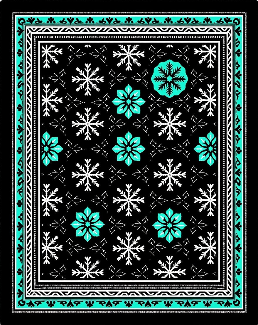 Black Snowflake Teal Floral Geometric Border Rug
