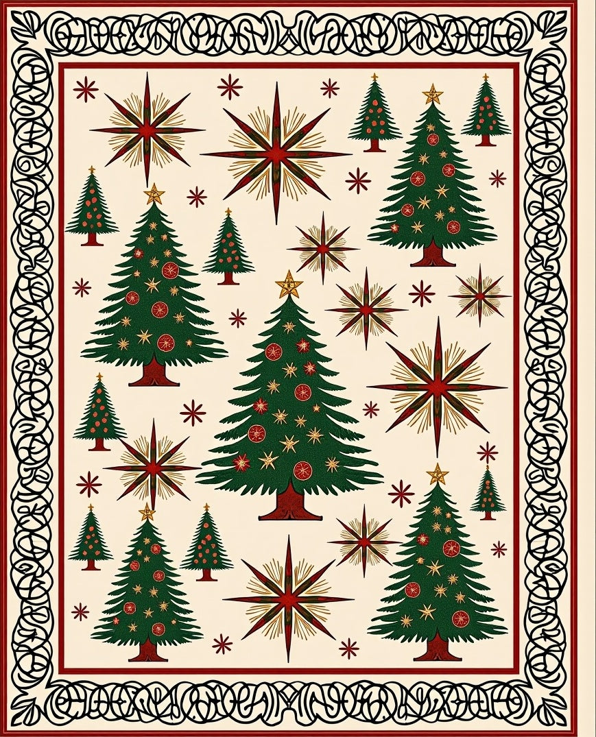Festive Green Trees Red Starburst Border Rug