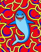 Whimsical Blue Shark Red Swirls Rug