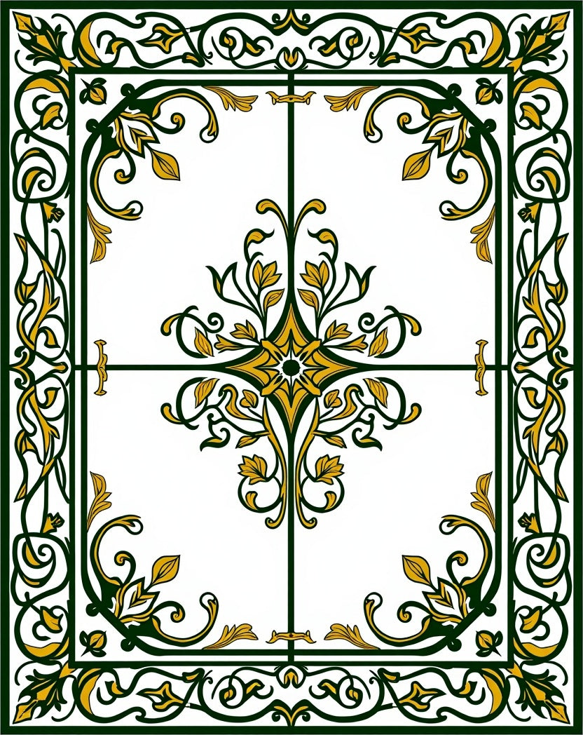 Ornate Gold Leaf Scrollwork Border Rug