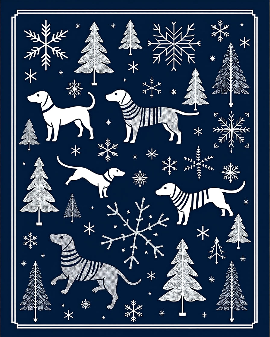 Winter Dogs Snowflakes Forest Scene Rug