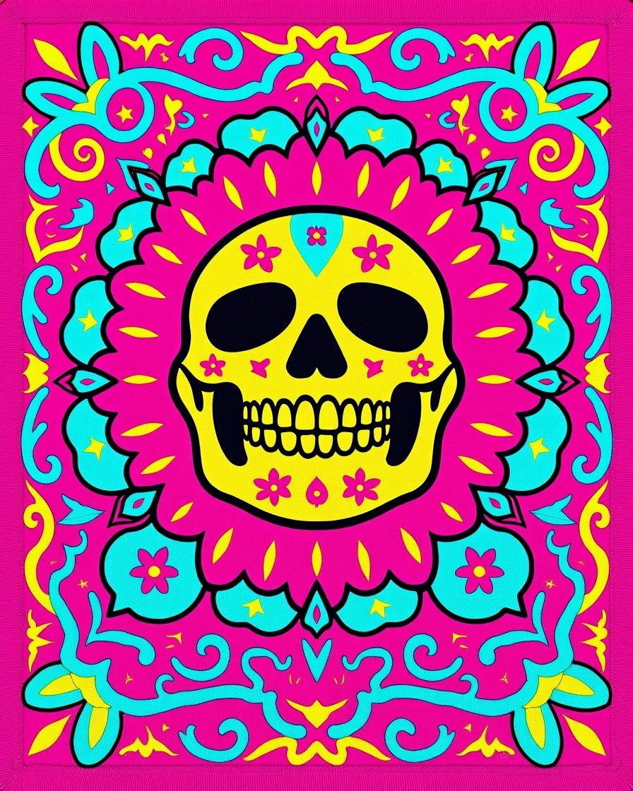 Vibrant Yellow Skull Floral Frame Rug
