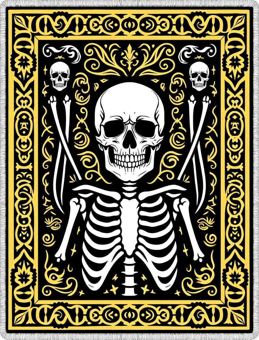 Black Yellow Skeleton Grim Reaper Scythe Rug