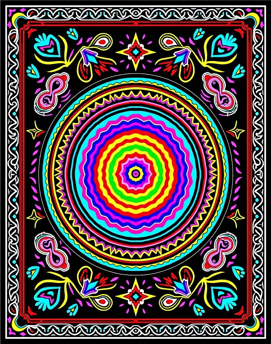 Vibrant Rainbow Medallion Floral Border Rug
