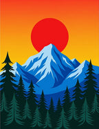 Crimson Sun Over Blue Snowy Mountains Rug