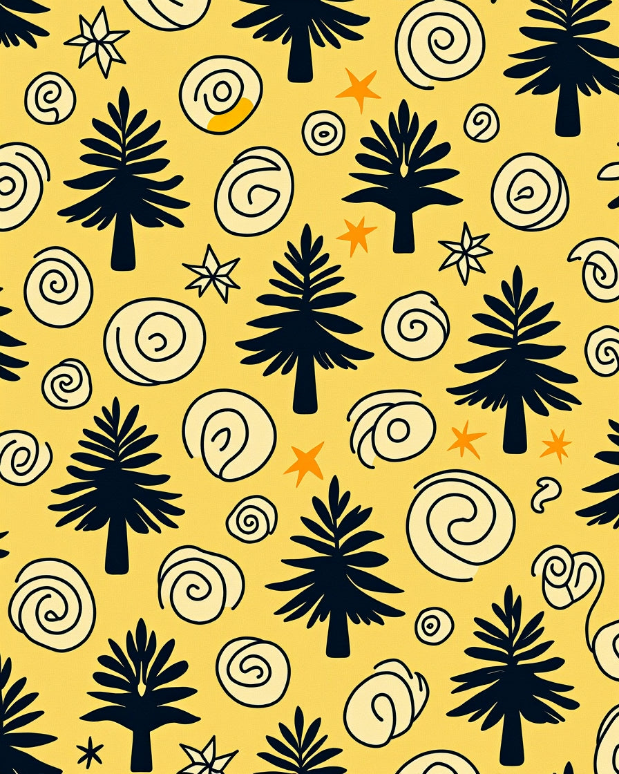 Whimsical Blue Pine Swirls Yellow Rug