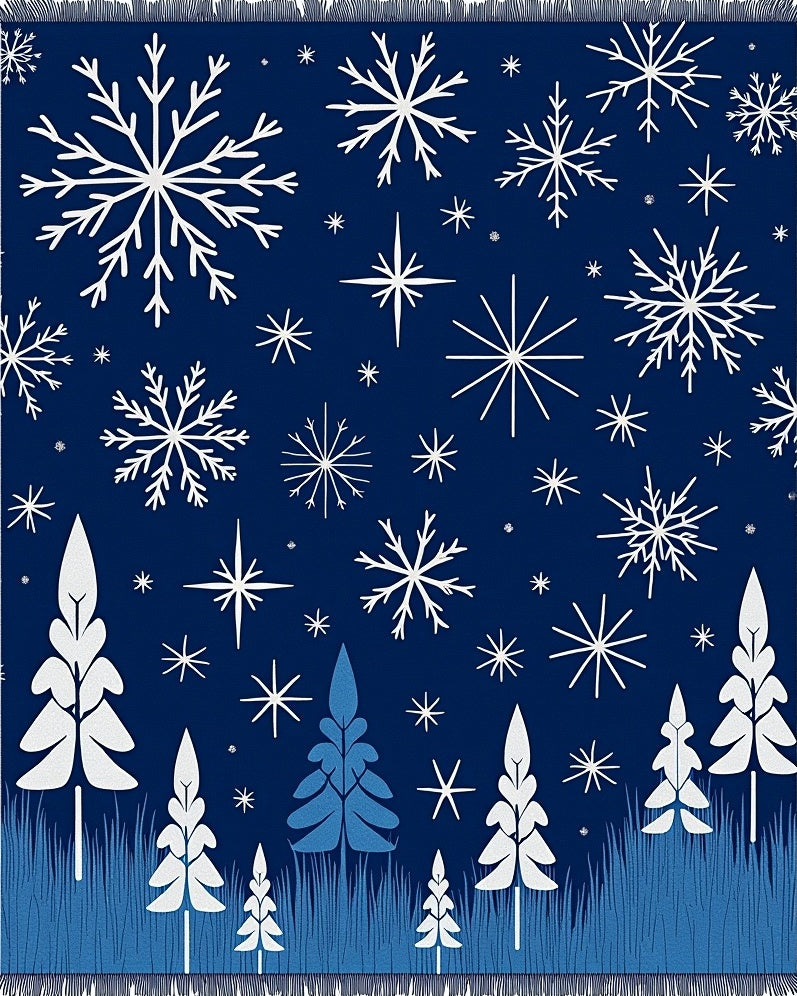 Dark Blue Snowflake and Pine Forest Rug