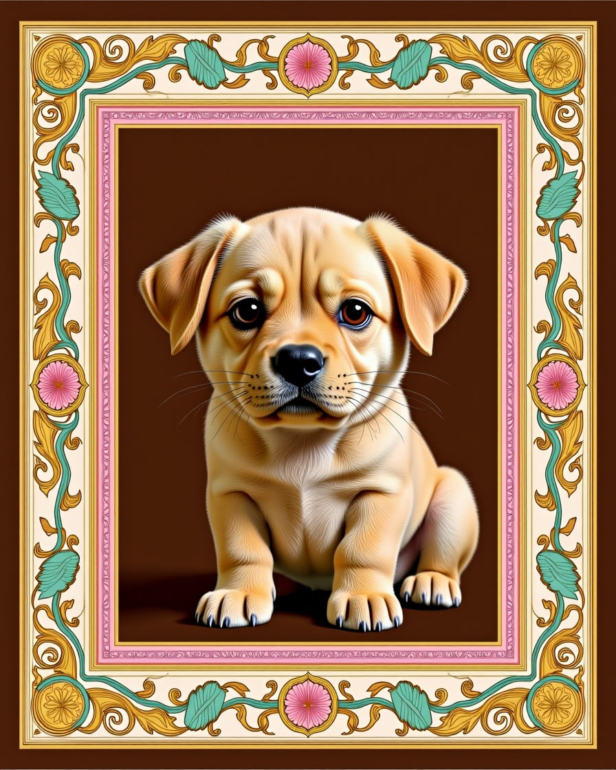 Golden Puppy floral Border Rug