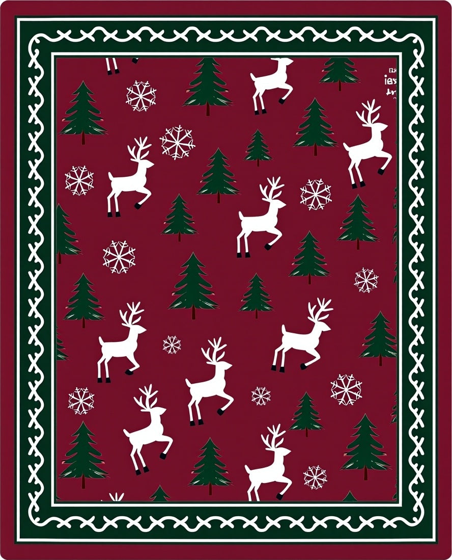 Crimson Winter Reindeer Snowflake Trees Rug