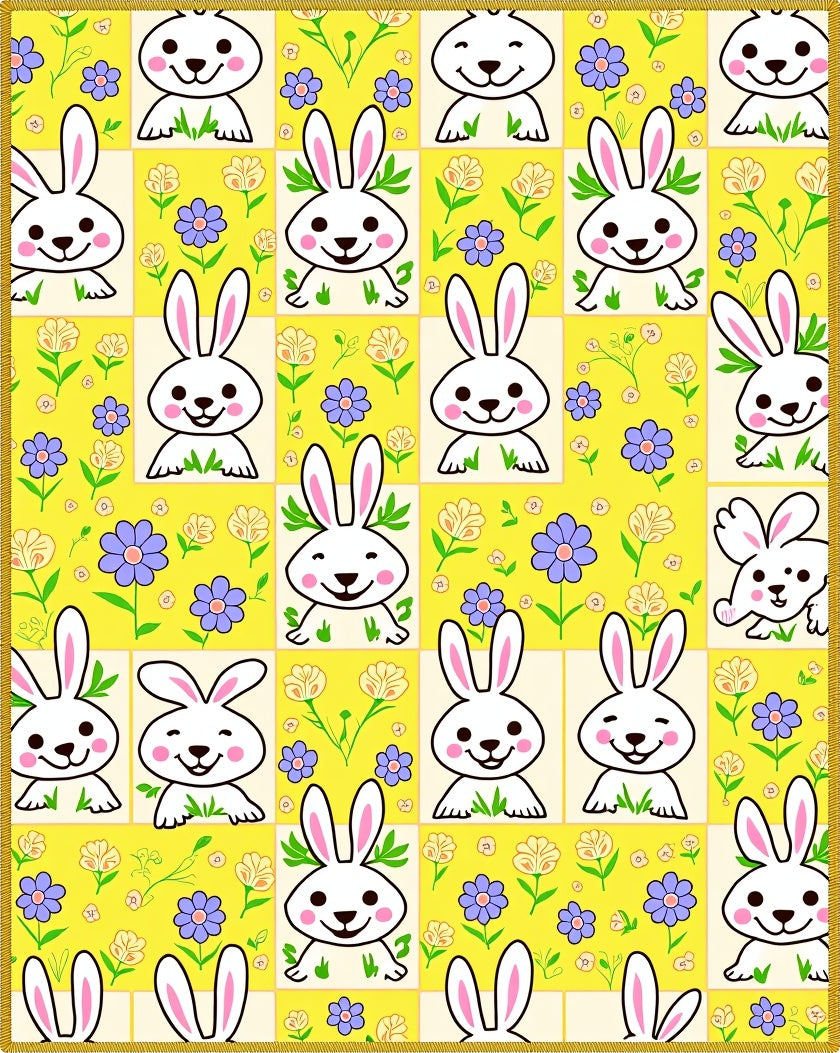 Whimsical White Bunny Yellow Floral Patchwork Rug