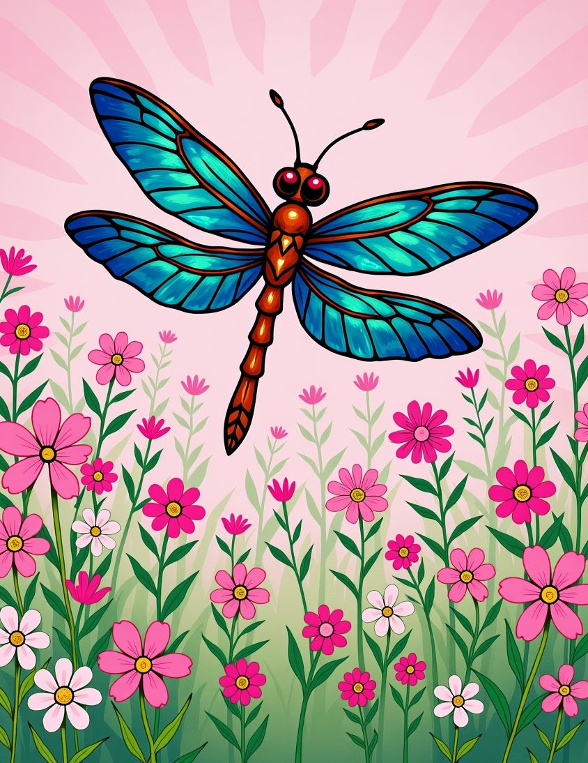 Vibrant Blue Dragonfly Pink Floral Meadow Rug