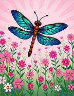 Vibrant Blue Dragonfly Pink Floral Meadow Rug