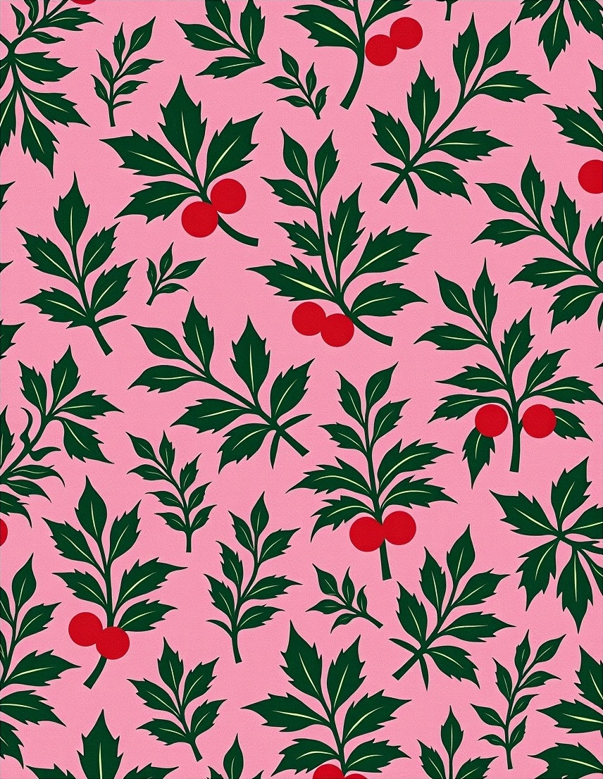 Green Leaf Red Berry Floral Pink Rug
