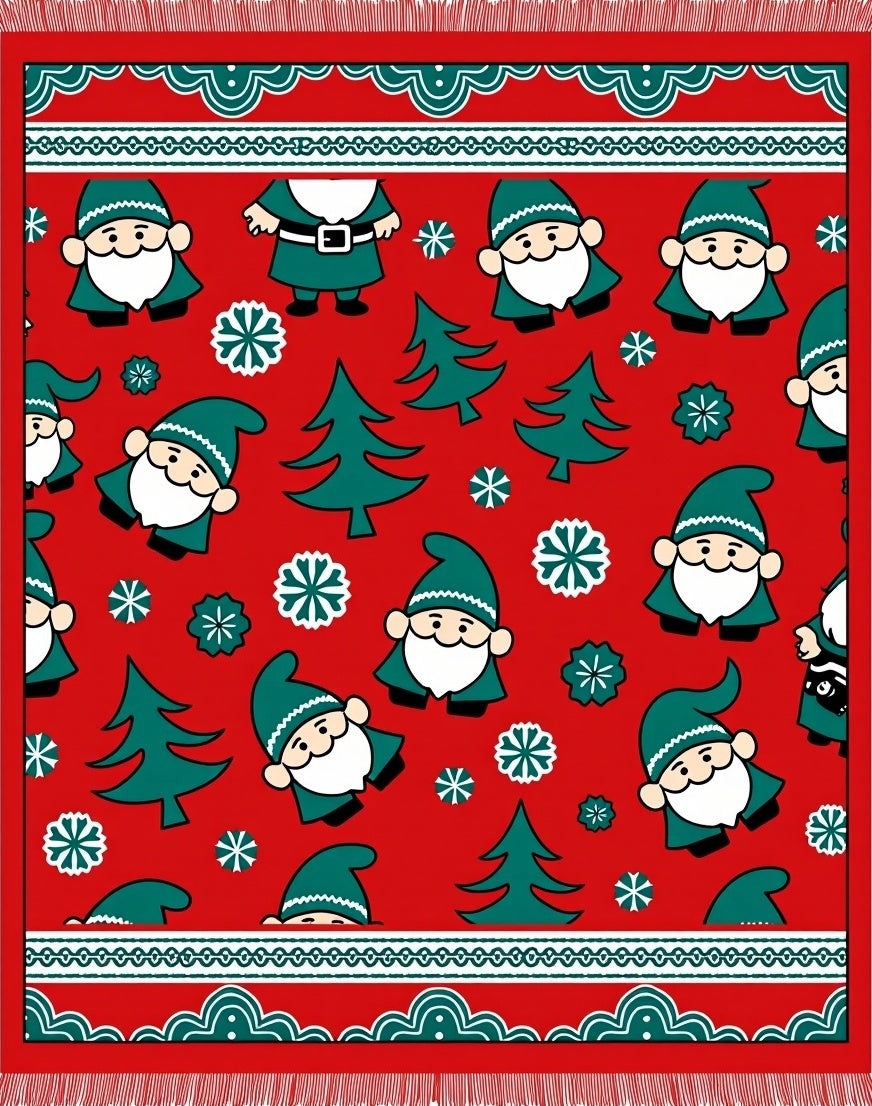 Festive Red Gnome and Tree Scene Rug