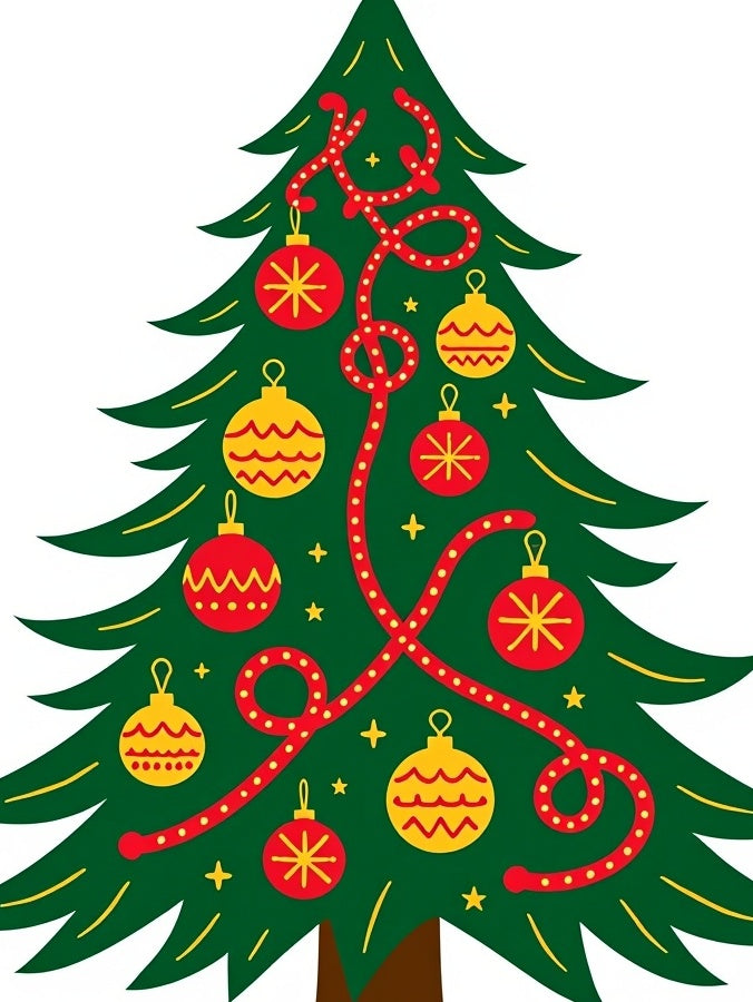 Green Christmas Tree With Red Yellow Ornaments Rug