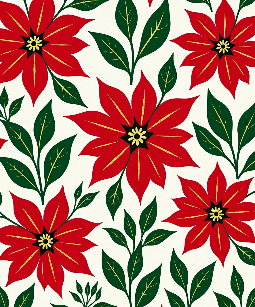 Festive Red Poinsettia Floral Sprigs Rug