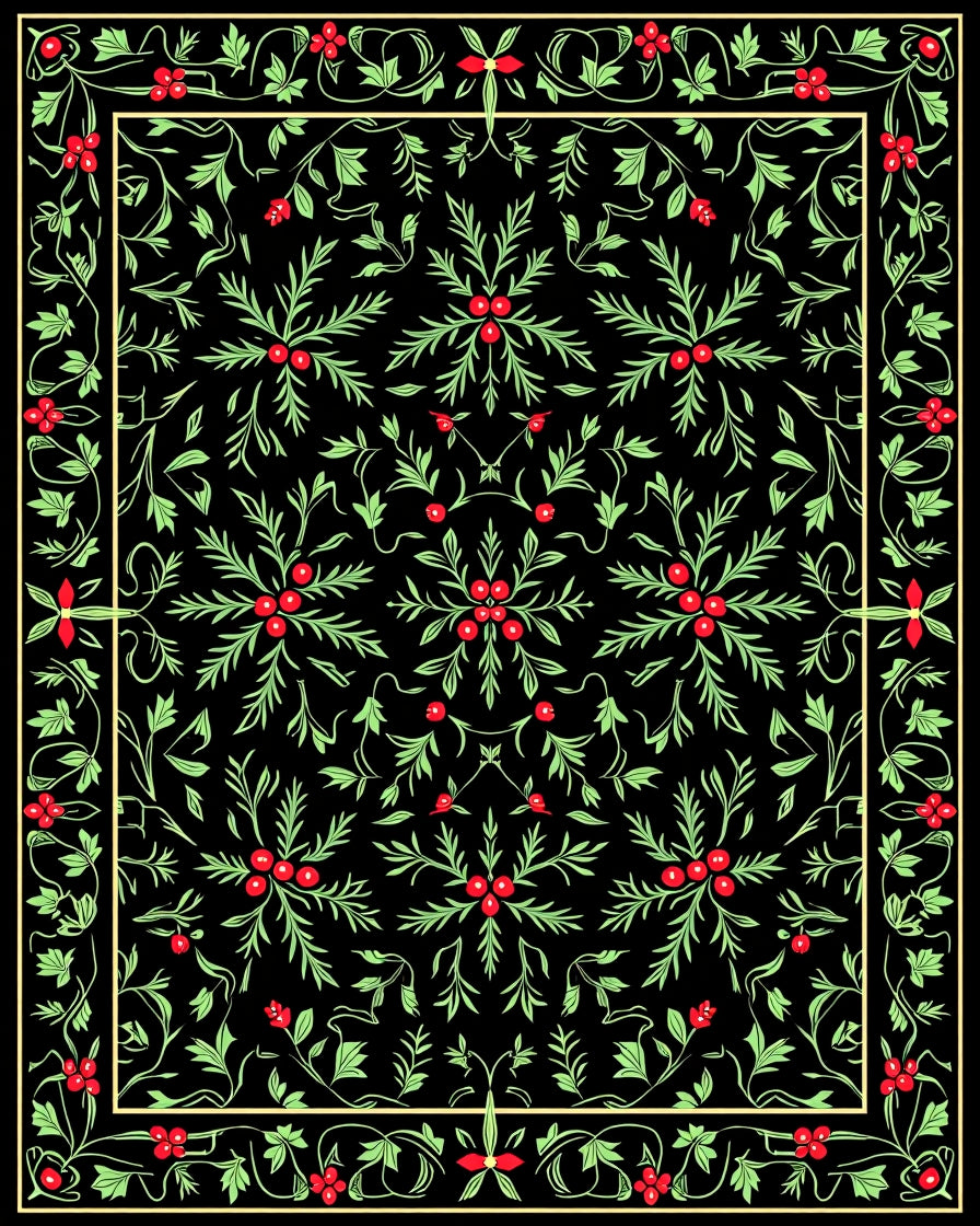 Black Emerald Holly Berry Vines Rug