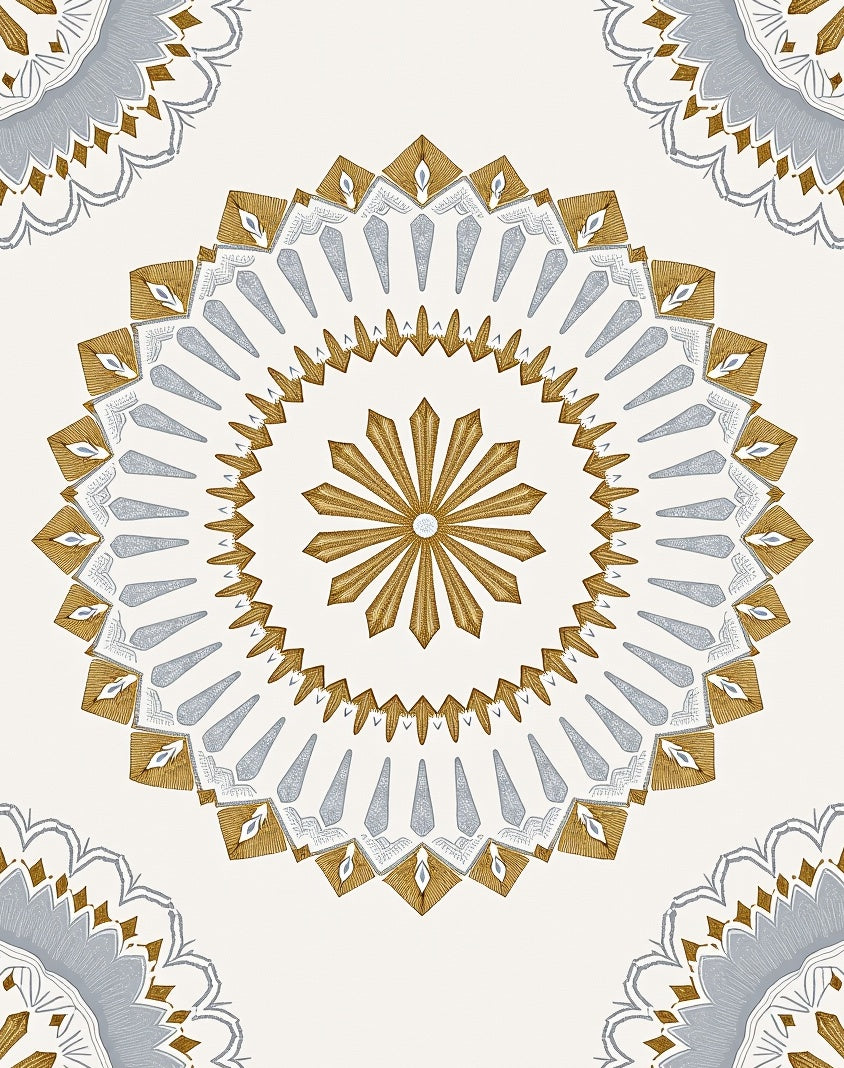 Gold Silver Mandala Radial Bloom Rug