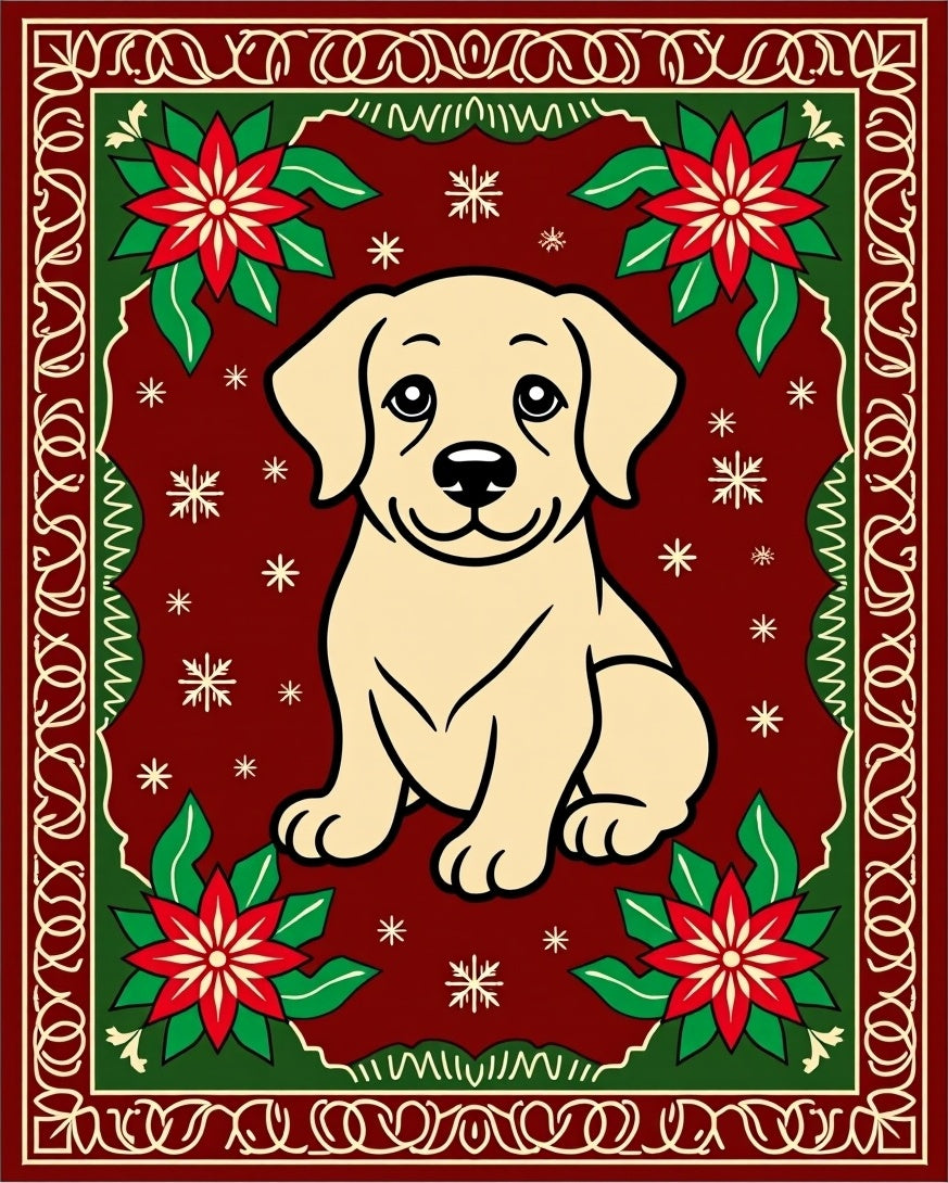 Festive Puppy Poinsettia Holiday Rug