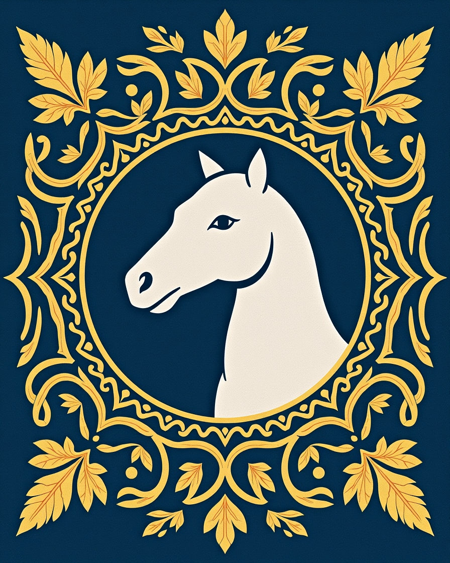 White Horse in Golden Crest Frame Rug