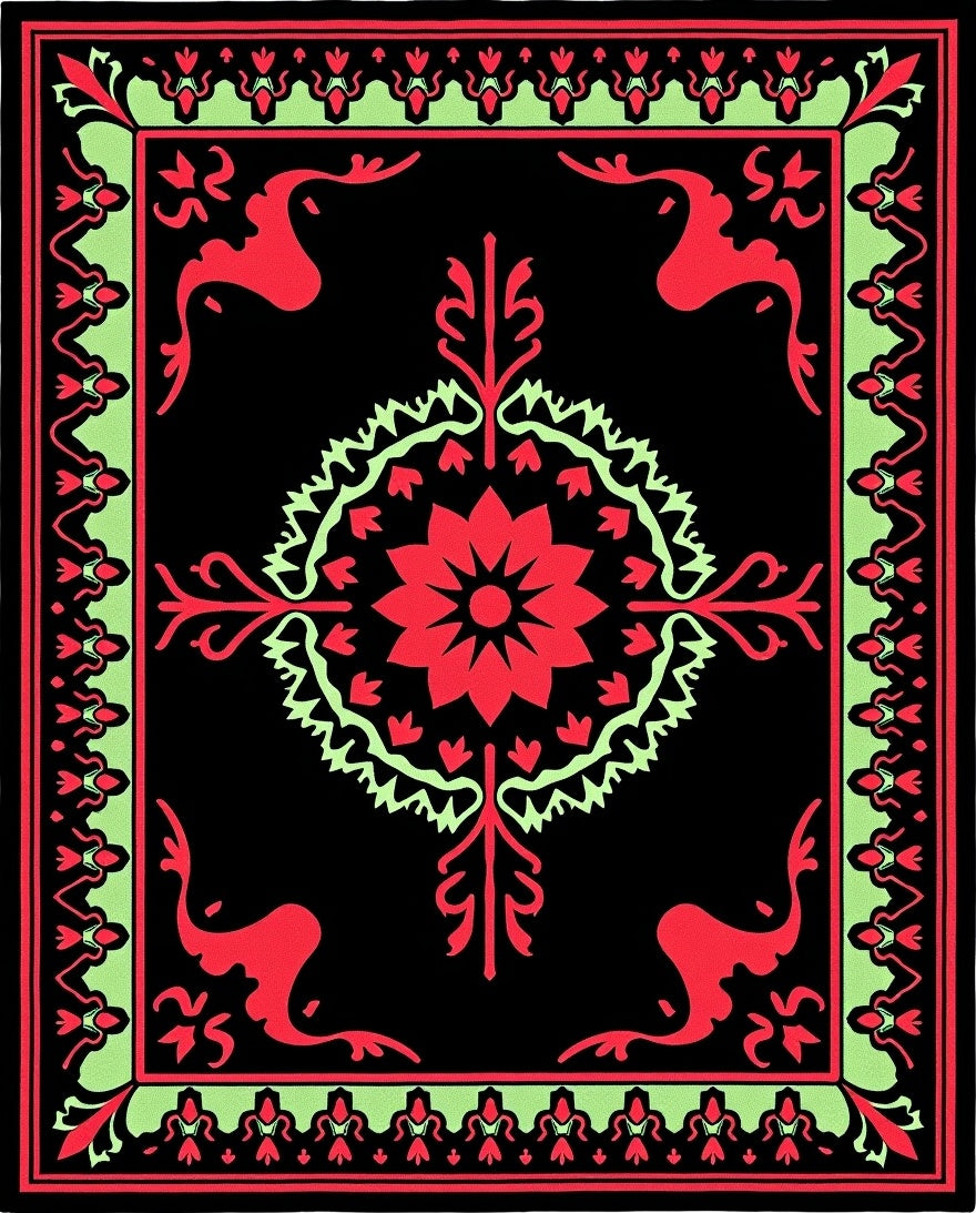 Crimson Mint Black Floral Motif Rug