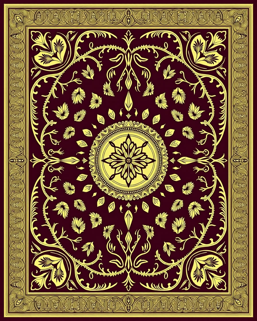 Burgundy Yellow Floral Medallion Border Rug
