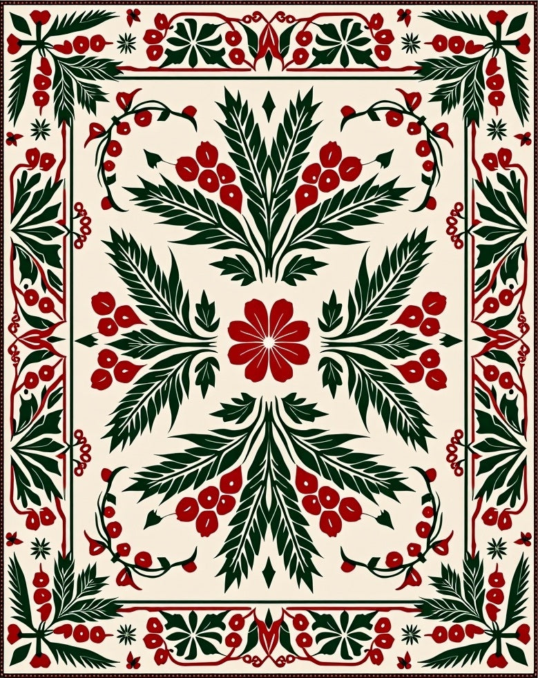 Classic Red Green Floral Berry Medallion Rug