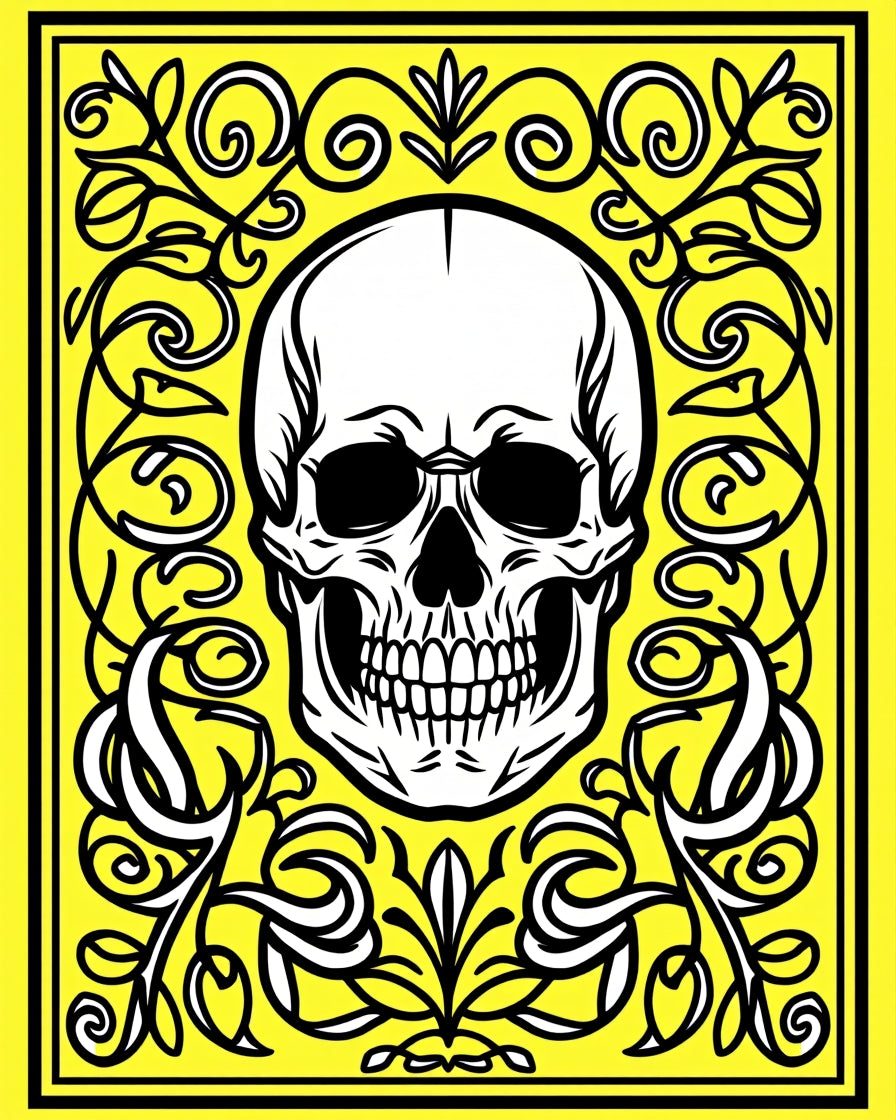 Yellow Skull With Black Floral Frame Rug