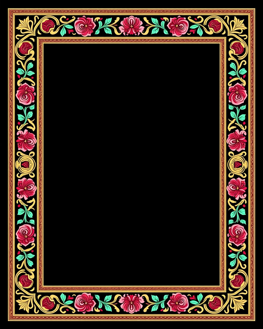 Ornate Pink Rose Leaf Scroll Frame Rug