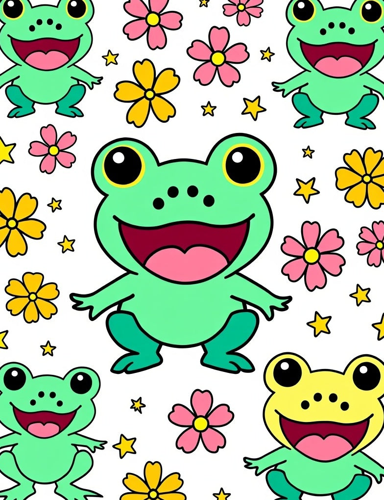 Happy Frogs with Flowers and Stars Rug
