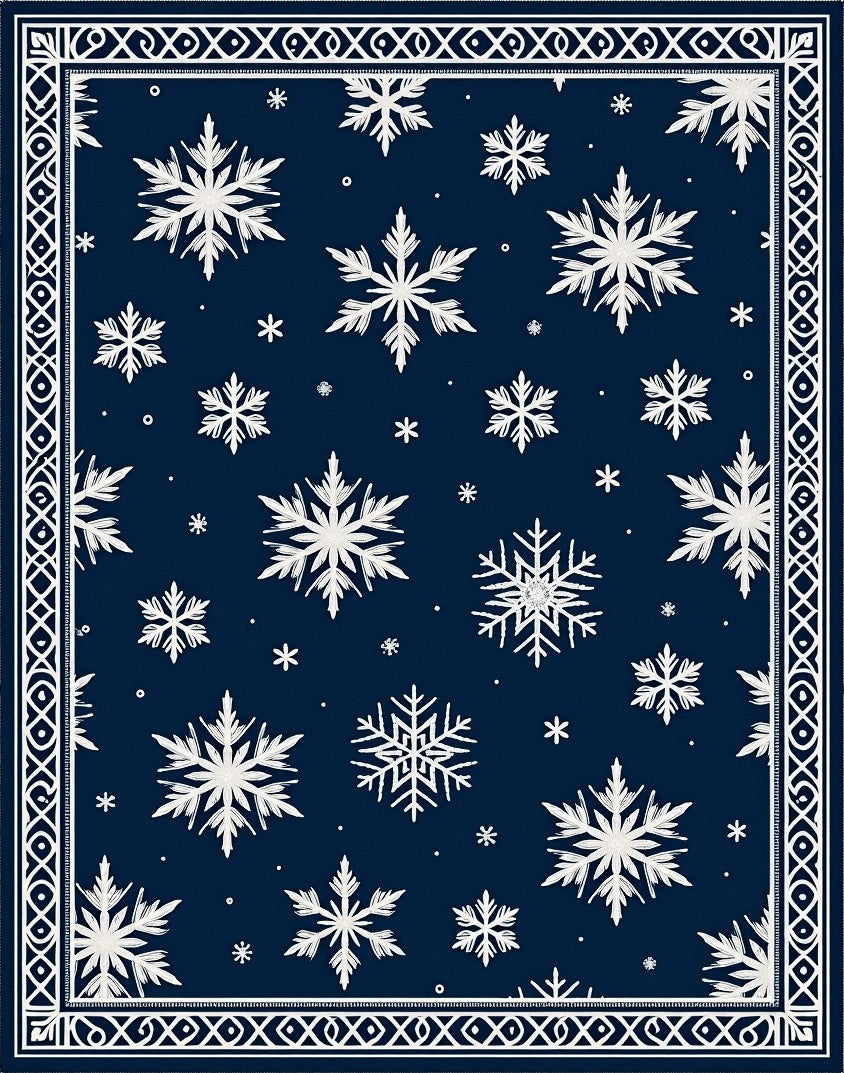 Midnight Blue Snowflakes Border Rug
