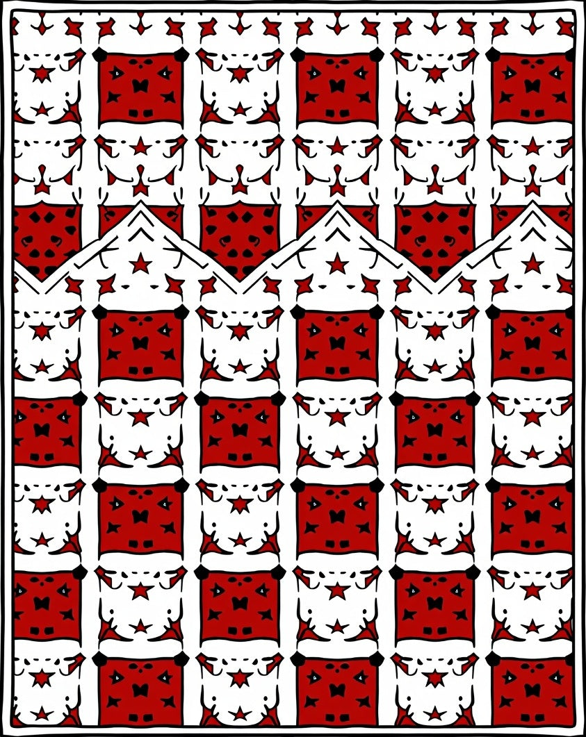 Red White Geometric Star Grid Rug