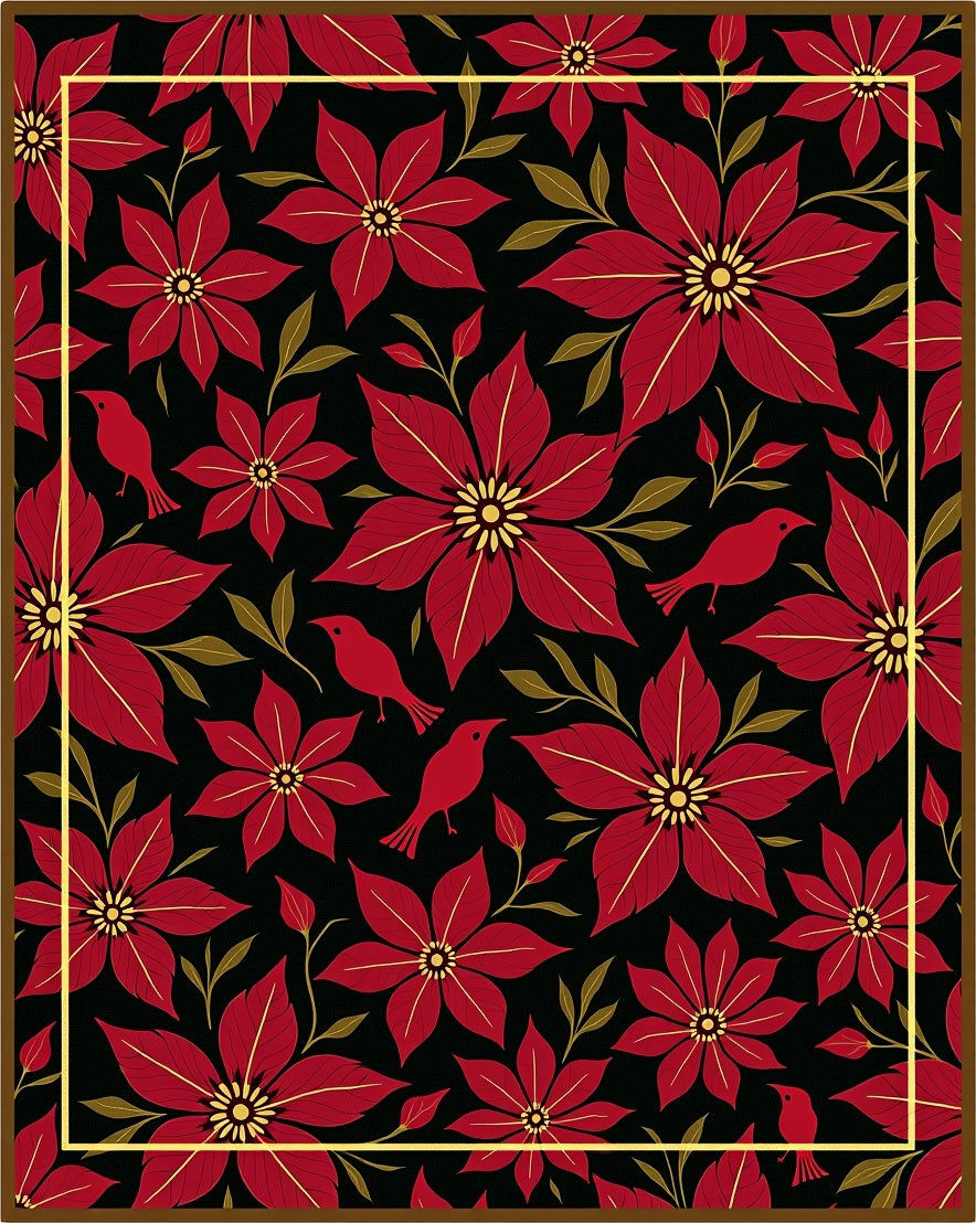 Red Floral Birds Black Golden Frame Rug