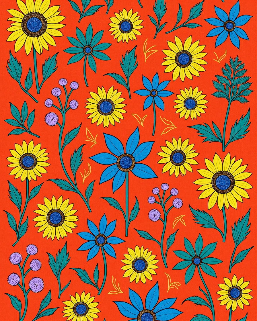 Vibrant Yellow Blue Floral Garden Rug
