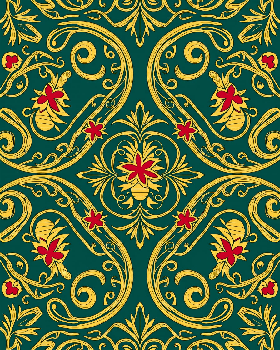 Emerald Green Floral Gold Swirl Accents Rug