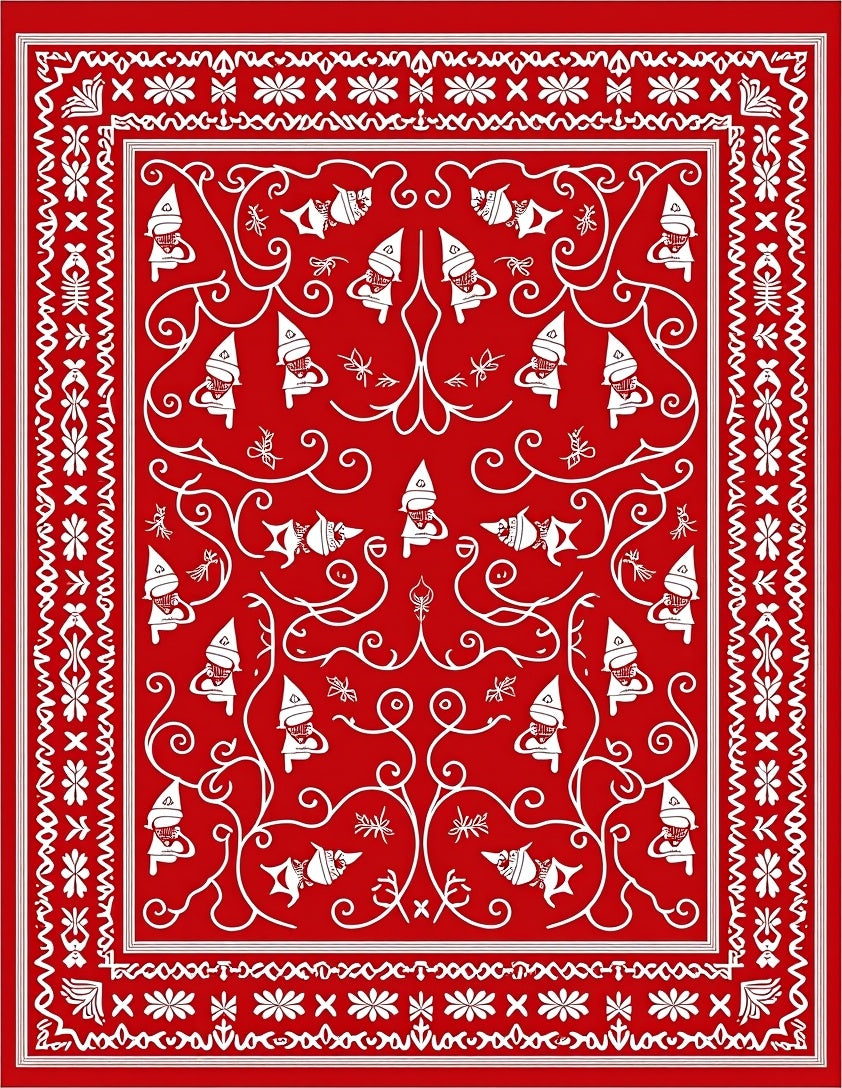 Folk Art Red White Whimsical Figures Rug