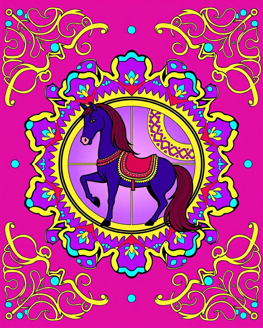 Vibrant Purple Horse Carousel Medallion Rug
