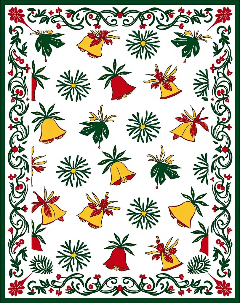 Festive Red Green Yellow Bells Border Rug