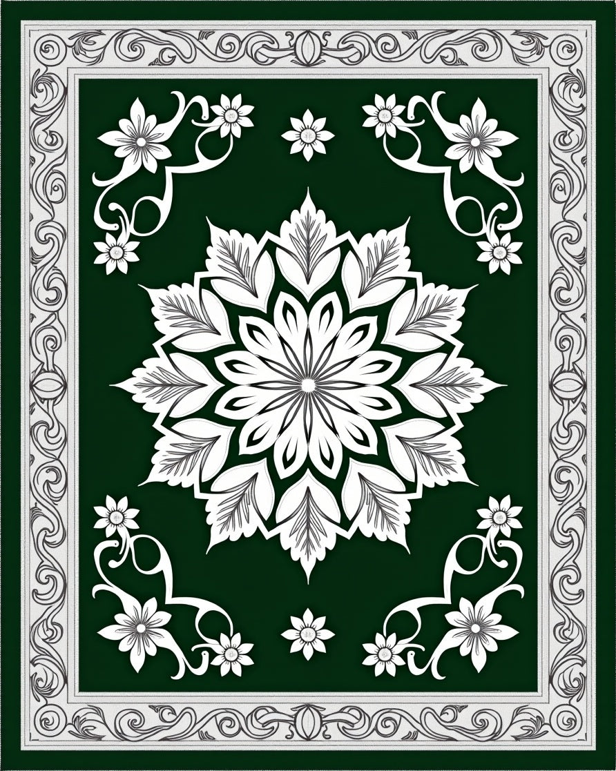 Deep Green Floral Symmetry Central Rug