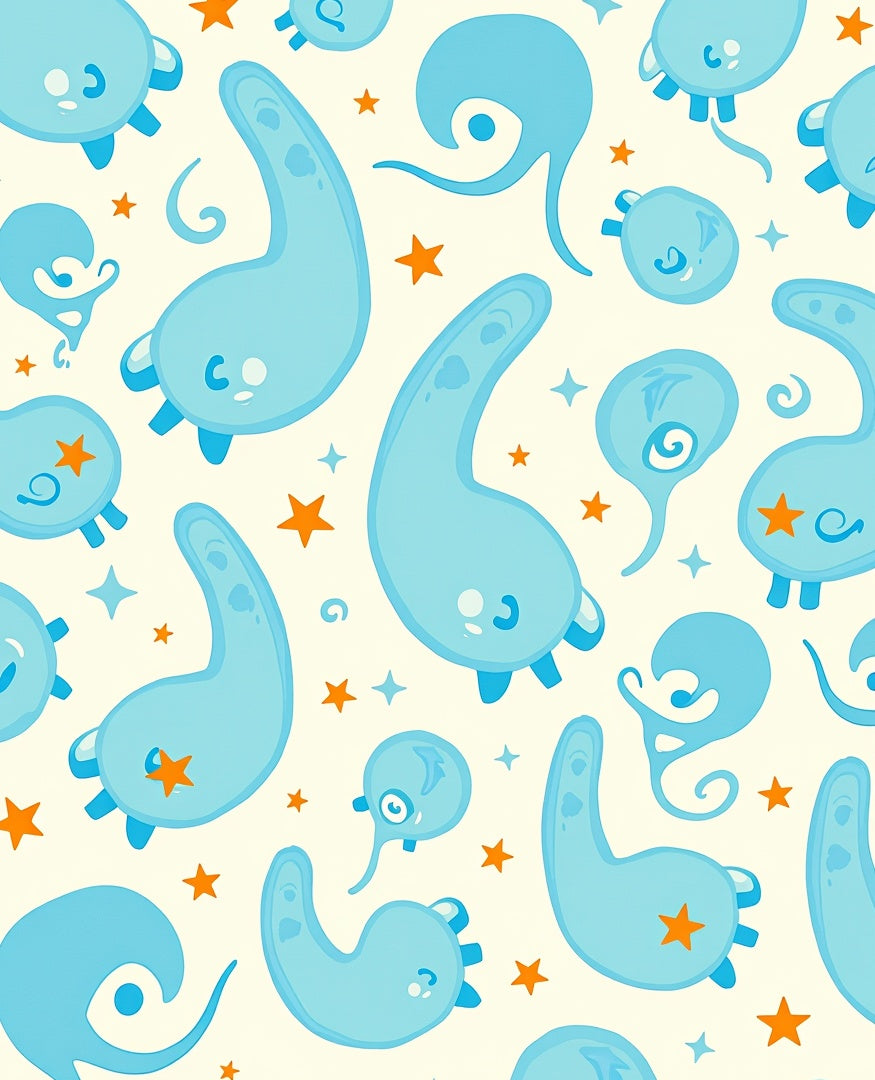 Whimsical Blue Creatures Orange Stars Rug