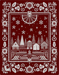 Deep Red Winter Village Folk Art Rug