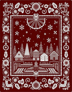 Deep Red Winter Village Folk Art Rug