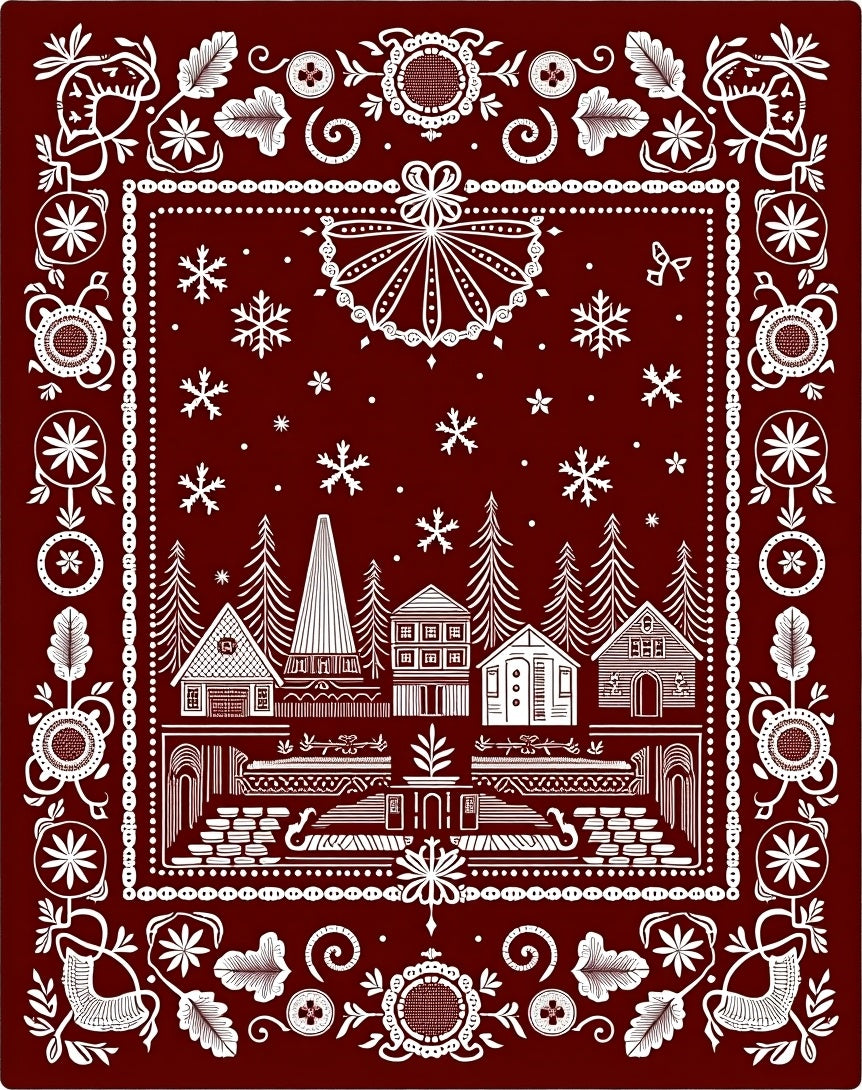 Deep Red Winter Village Folk Art Rug