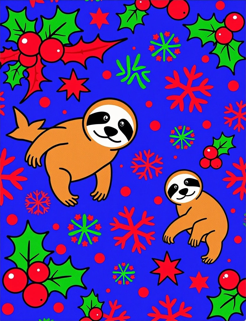 Orange Sloth Blue Holly Snowflakes Rug