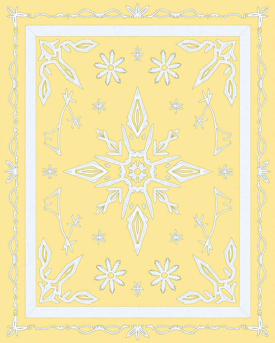 Elegant White Snowflake Yellow Medallion Rug
